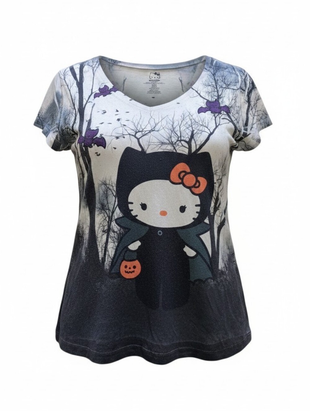 Hello Kitty Girls' Halloween V-Neck Tee - Black & White Vintage Tshirt